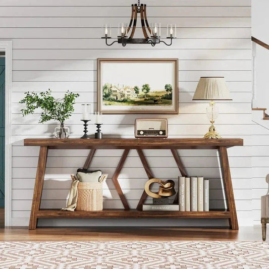 180cm Rustic Walnut Console Table - Entryway & Sofa Table with Geometric Accents | Luxury Home Accessories | Heulog Glow
