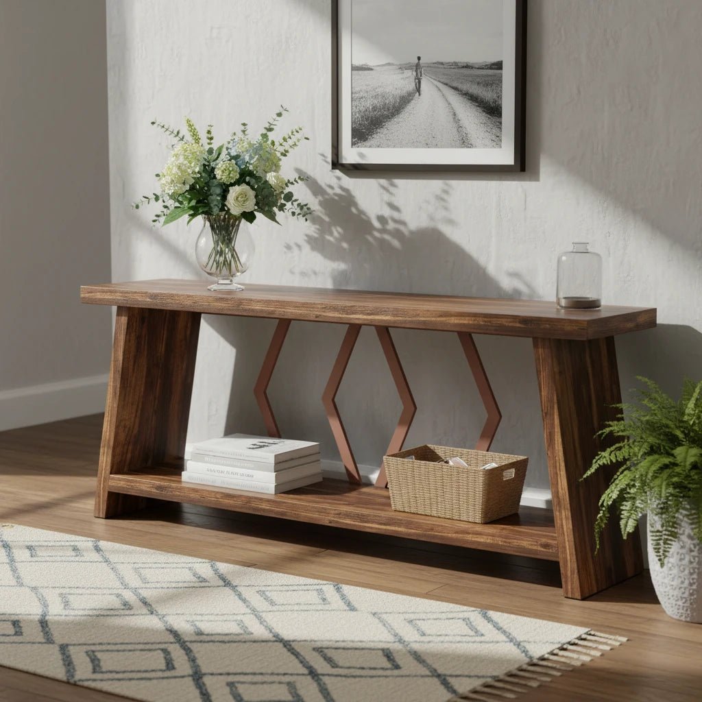 180cm Rustic Walnut Console Table - Entryway & Sofa Table with Geometric Accents | Luxury Home Accessories | Heulog Glow