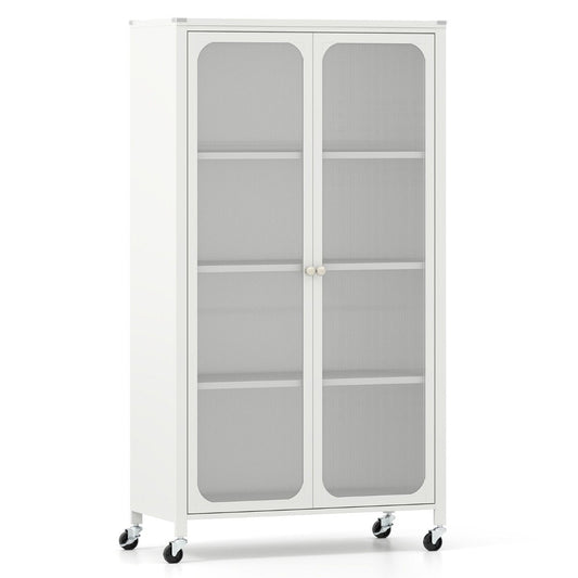 Metal Storage Cabinet with Adjustable Shelves and Lockable Wheels-White