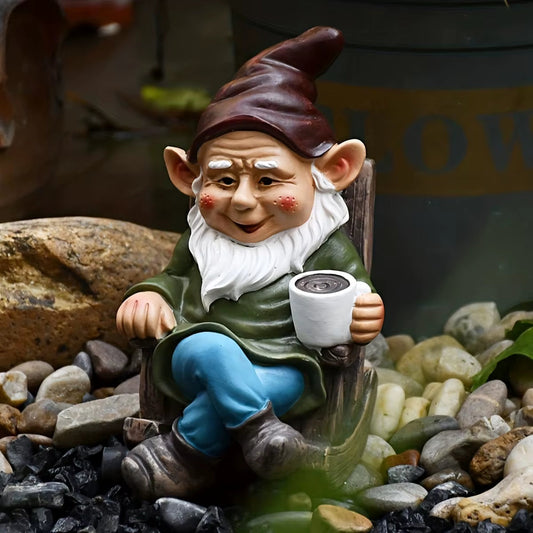 1Pc Gnome Dwarf Rocking Chair Ornament Resin Outdoor Garden Decoration Patio Leisurely Drinking Tea Lazy Decoration
