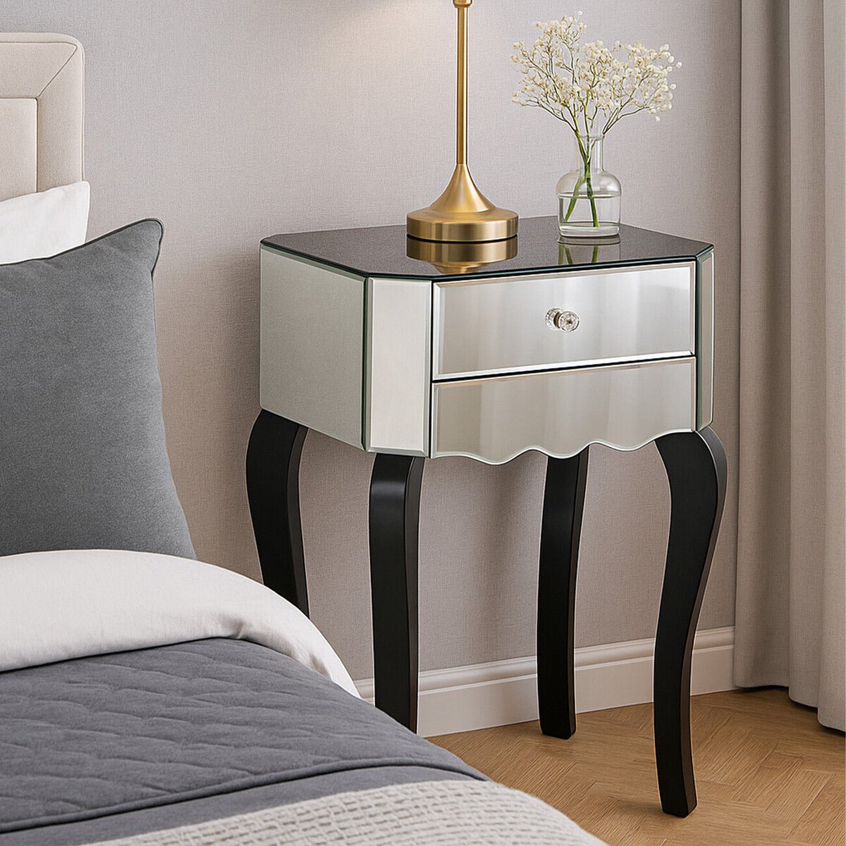 2 Drawer Mirrored Glass Side Top Bedside Table with MDF Base | Orchid | Luxury Home Accessories | Heulog Glow