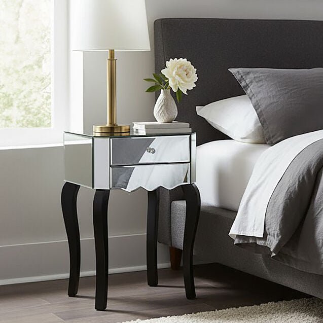 2 Drawer Mirrored Glass Side Top Bedside Table with MDF Base | Orchid | Luxury Home Accessories | Heulog Glow