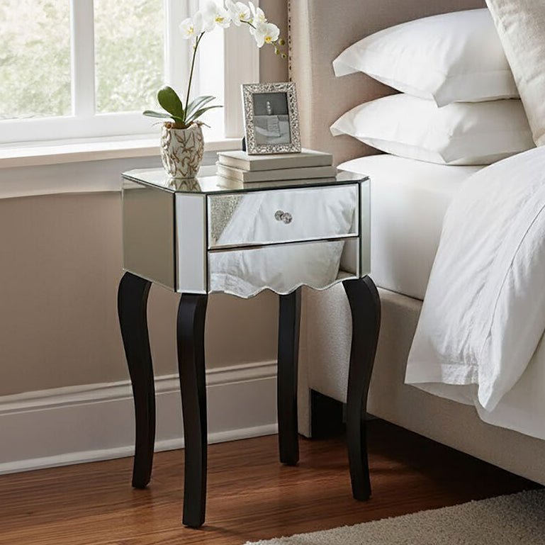 2 Drawer Mirrored Glass Side Top Bedside Table with MDF Base | Orchid | Luxury Home Accessories | Heulog Glow