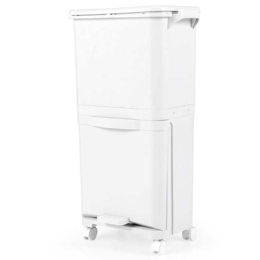 2-Tier Trash Can with Tilt-Designed Bottom Bin and Lockable Wheels