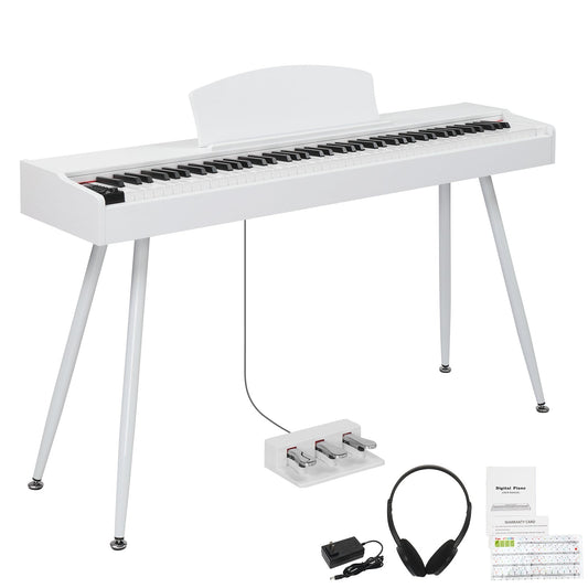 Glarry GDP-203 88 Key Standard Full Weighted Keyboards Digital Piano with Metal Stand, Power Adapter, Triple Pedals, Headphone，for All Experience Levels White Color