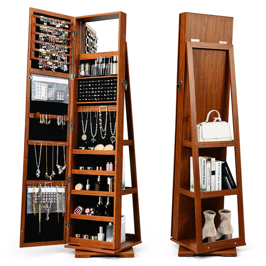 Full Length Mirrored Jewellery Cabinet Rotates 360° with Open Display Shelves-Brown
