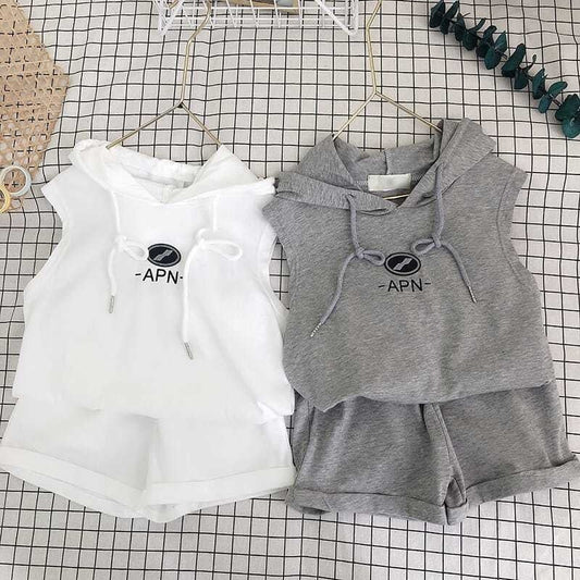 Summer Suit Korean Style Cotton Sleeveless Hooded Shorts Two-Piece Girl Western Style Suit