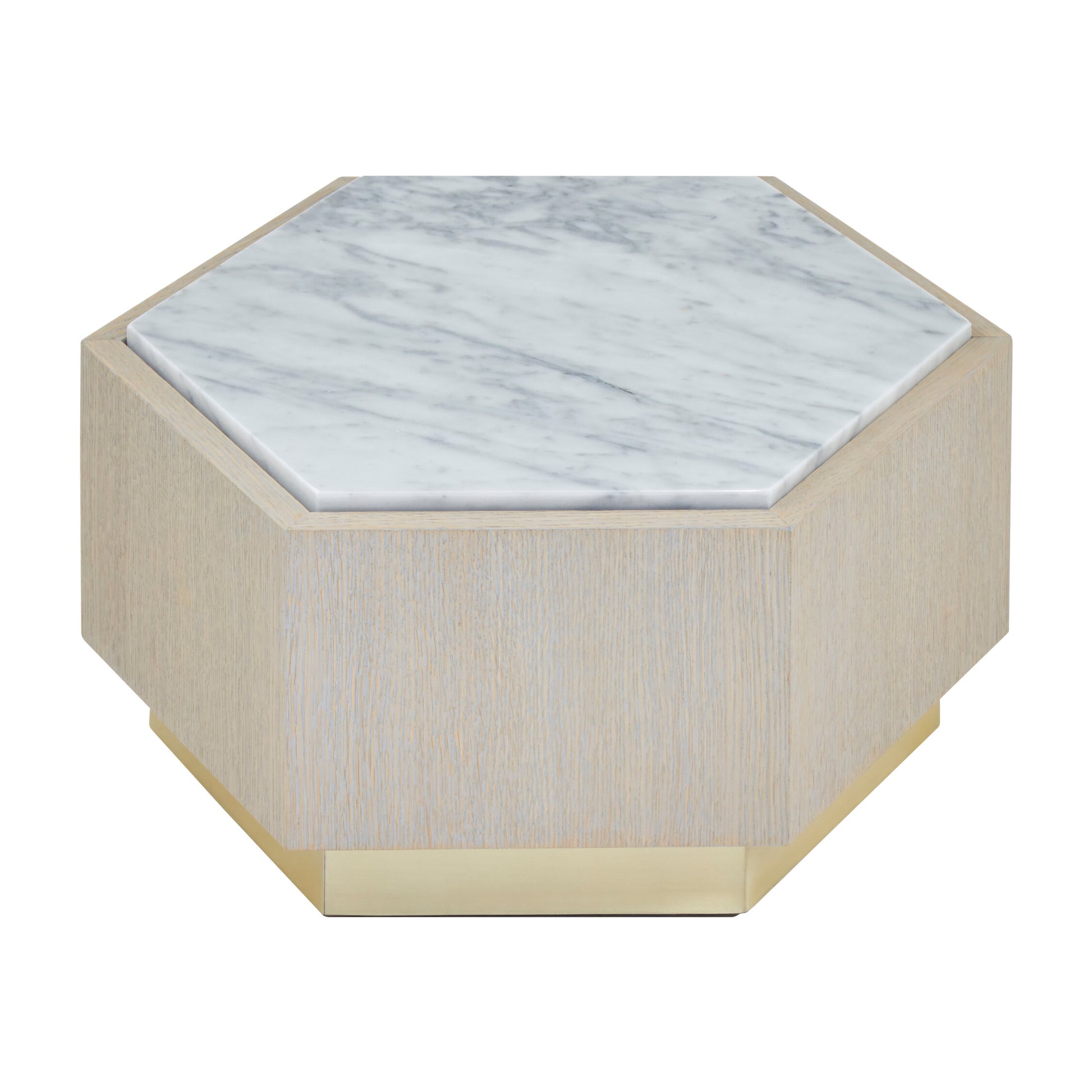 Villi White Marble and Wooden Hexagon Small Side Table