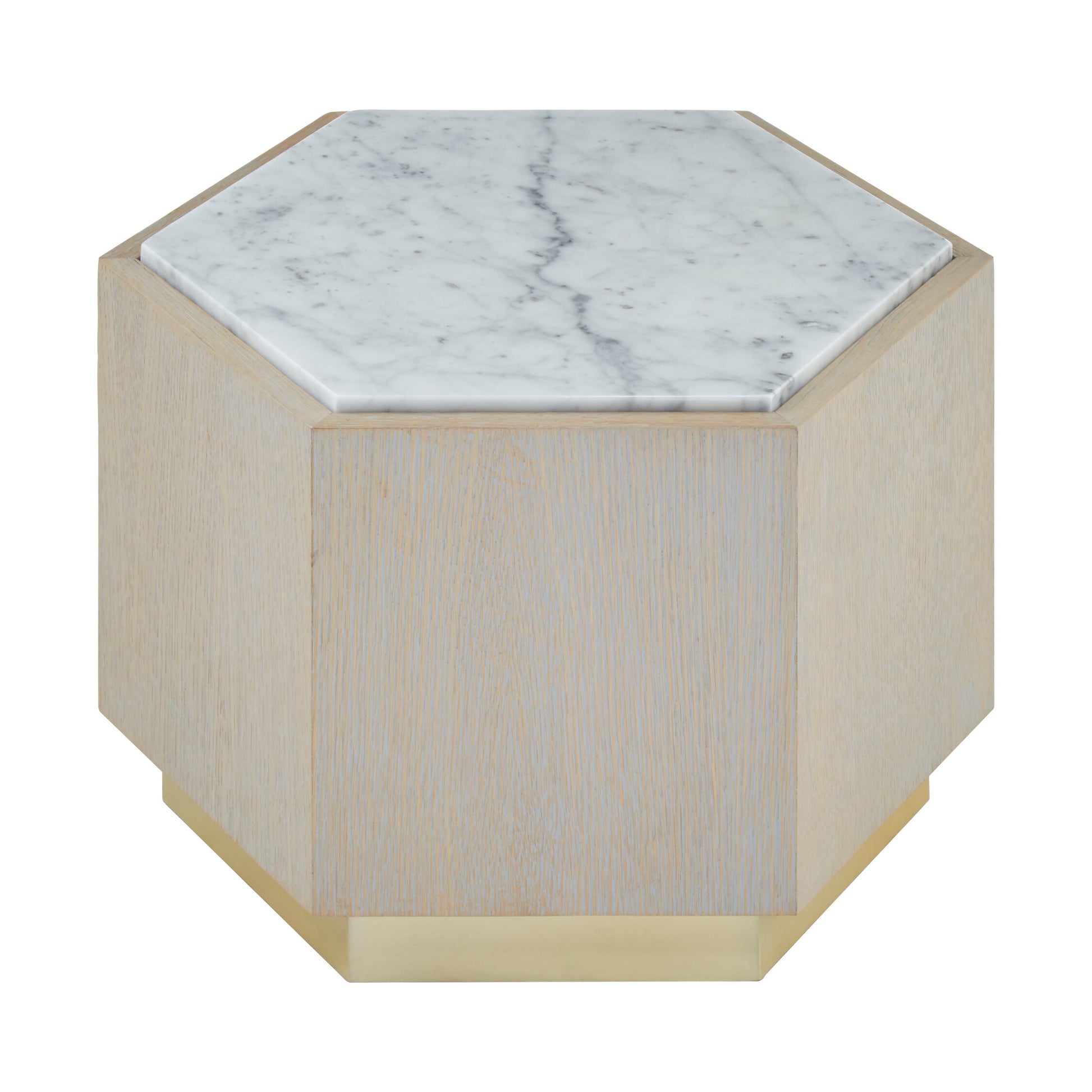 Villi White Marble and Wooden Large Hexagon Side Table