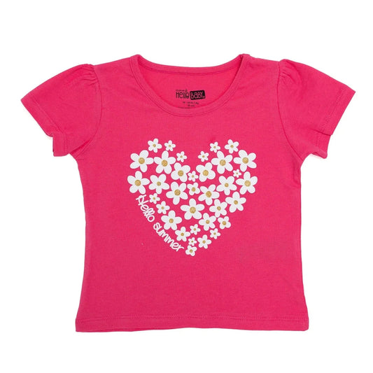 HelloBaby Girls T-shirt Heart Print Crew Neck Short Sleeve - Pink