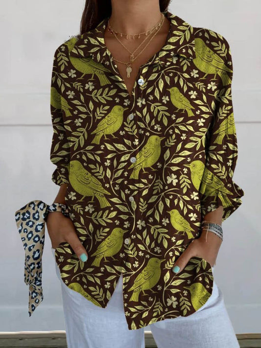Flowers Print Long Sleeve Shirt Fashion Stand Collar Button Tops For Women Clothing
