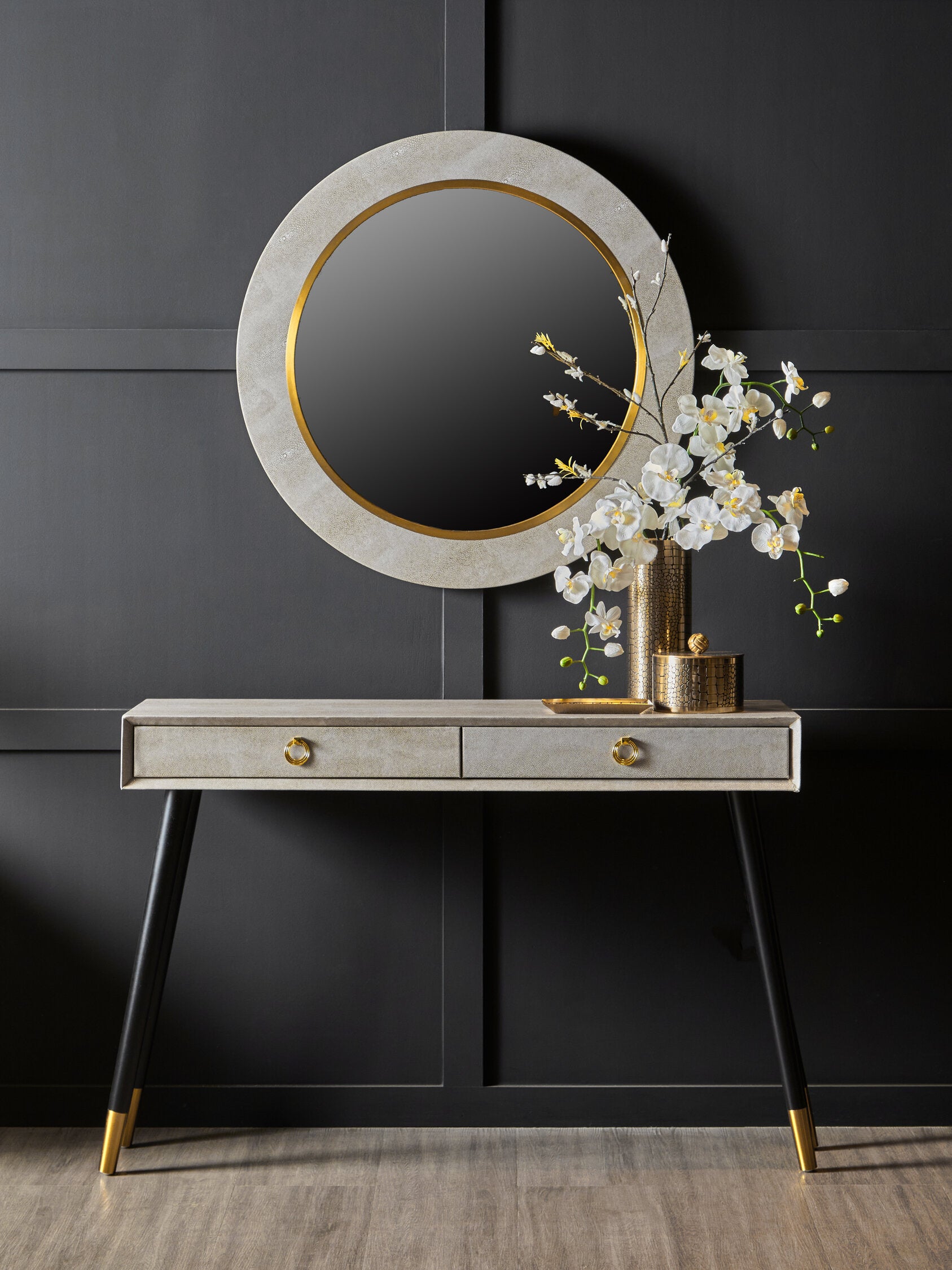 Cadio Shagreen Effect and Gold Inlay Round Wall Mirror