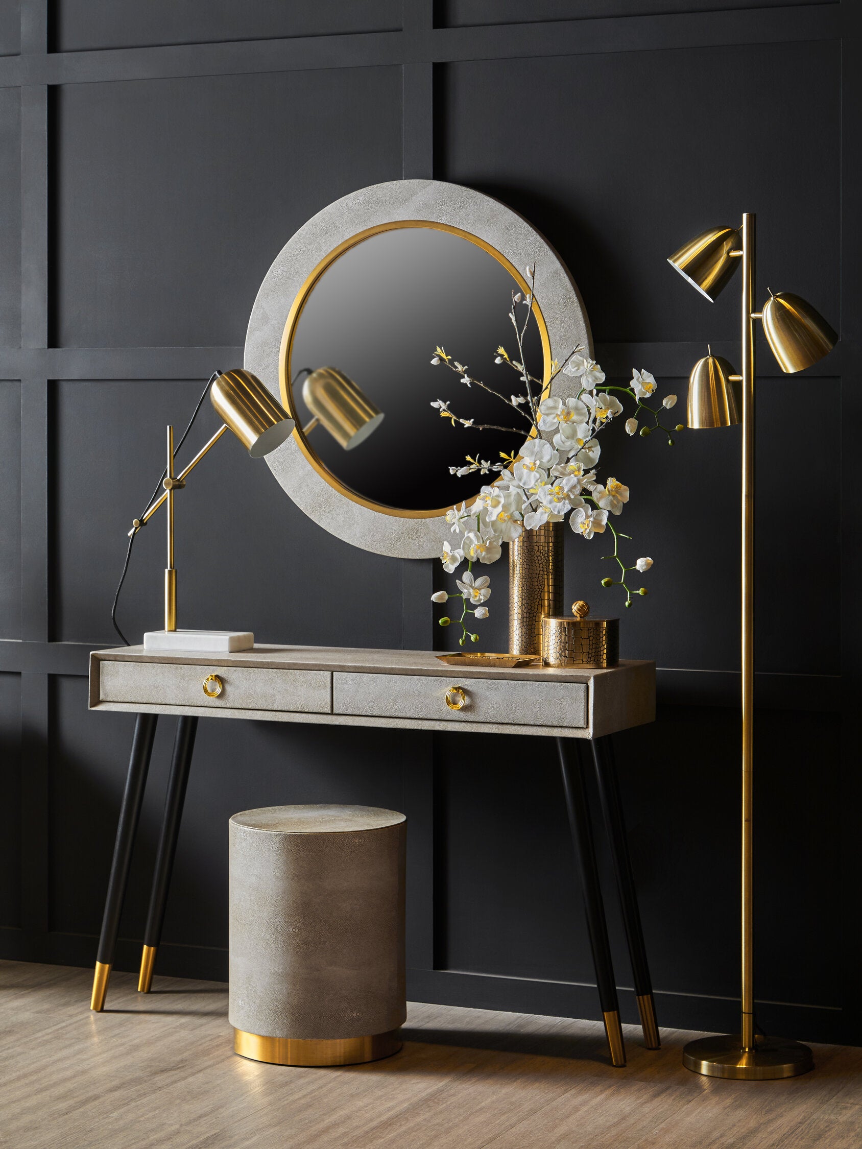 Cadio Shagreen Effect and Gold Inlay Round Wall Mirror
