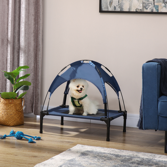 PawHut 61cm Elevated Dog Bed Cooling Raised Pet Cot UV Protection Canopy Blue