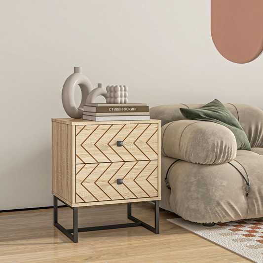 Bedside Table 2 Drawer Unit  Zig Zag Design w/ Black Metal Handles