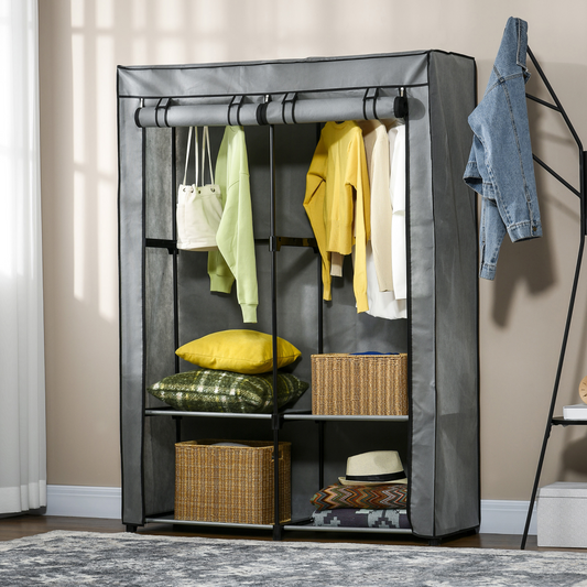 Fabric Wardrobe Portable Fabric Cabinet W/ 4 Shelves 2 Hanging Rails Light Grey