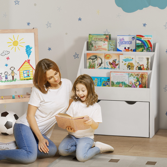 AIYAPLAY Kids Bookcase w/ 3 Tier Shelves, Drawer, for Bedroom, Nursery, White