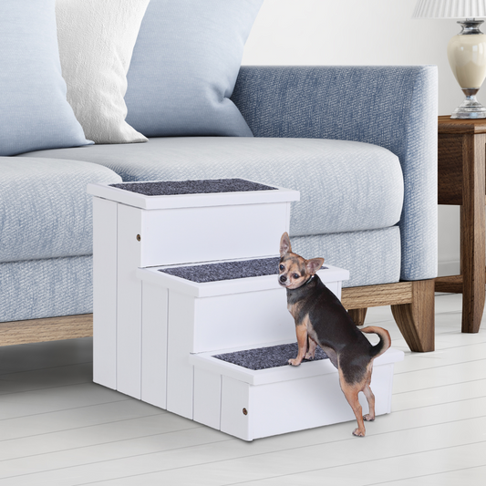 3 Step Wooden Dog Steps Pet Stairs Cat Ladder for Bed with Storage Pawhut