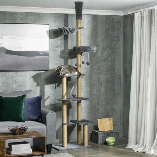 6-Tier Floor to Ceiling Cat Tree with Scratching Post, Bed, Hammock, Grey