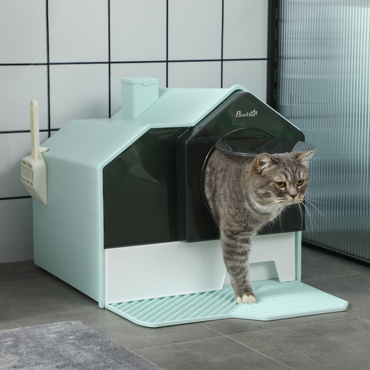 PawHut Hooded Cat Litter Tray w/ Scoop, Drawer Pan Handle Deodorants Light Blue