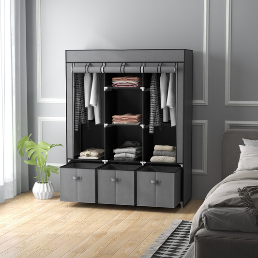 HOMCOM Portable Wardrobe w/ 5 Shelves 3 Fabric Drawers and 2 Hanging Rails Grey