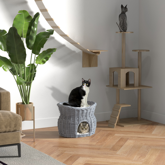 PawHut 2-Tier Elevated Pet Cushion Bed Basket Willow Cat Tree House Condo Kennel