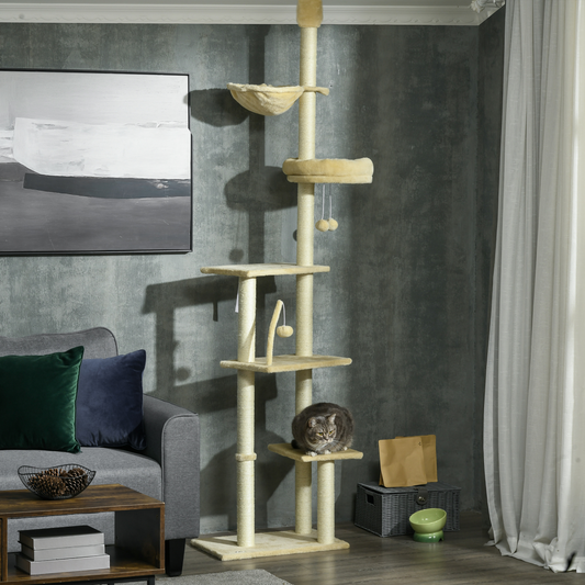 6-Tier Floor to Ceiling Cat Tree with Scratching Post, Bed, Hammock, Beige