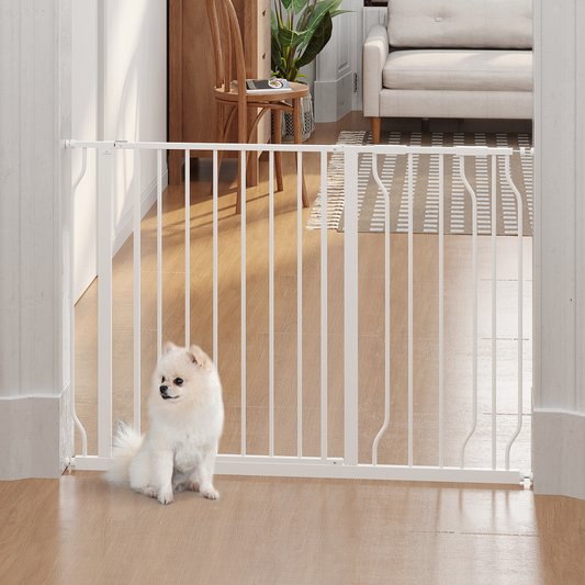 PawHut Dog Gate Wide Stair Gate w/ Door Pressure Fit, 75-115W cm, White