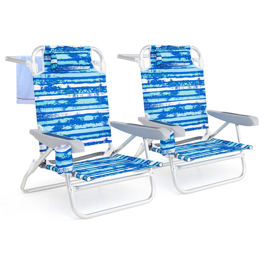 2 Pack Folding Beach Chair Lightweight Lay Flat Lounge Chair-Blue
