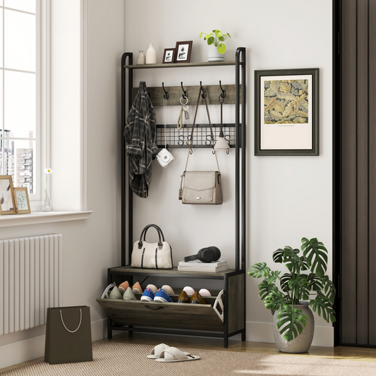 HOMCOM Industrial Hall Tree Coat Rack Stand with Shoe Cabinet Grey