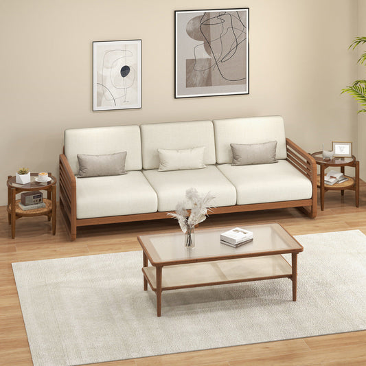 2-Tier Round Side End Table Set of 2 with Tempered Glass Tabletop