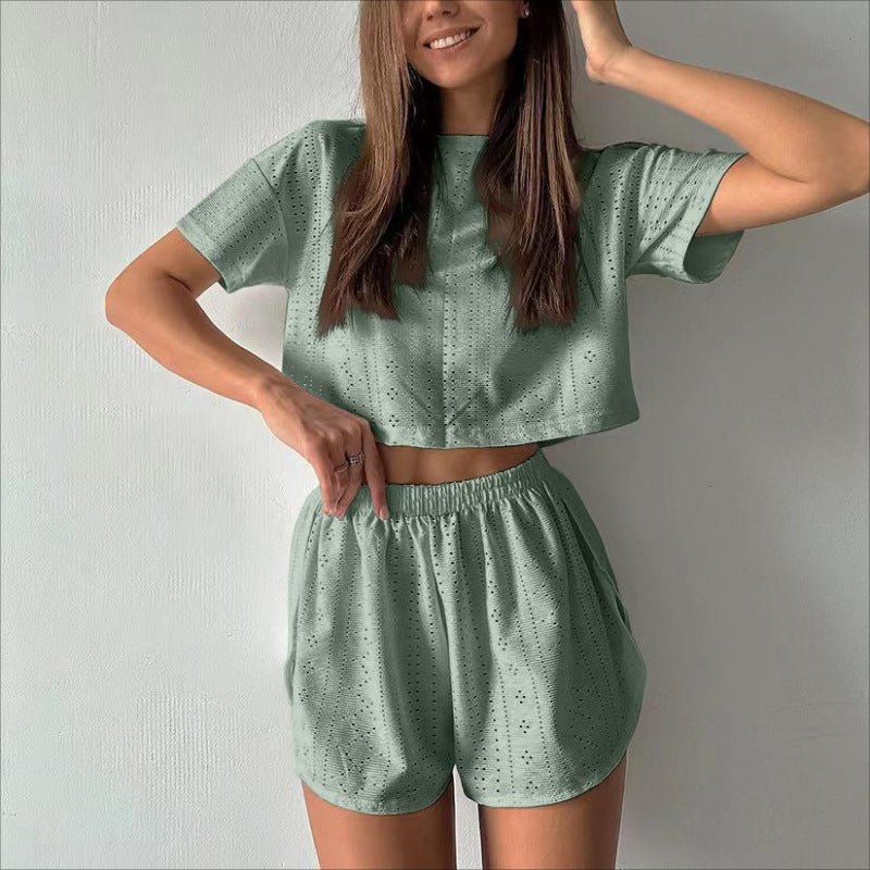 2pcs Casual Hollow Suit With Short-sleeved Crop Top And Elastic Slit Shorts Summer Fashion Sport Clothing For Women | Luxury Home Accessories | Heulog Glow