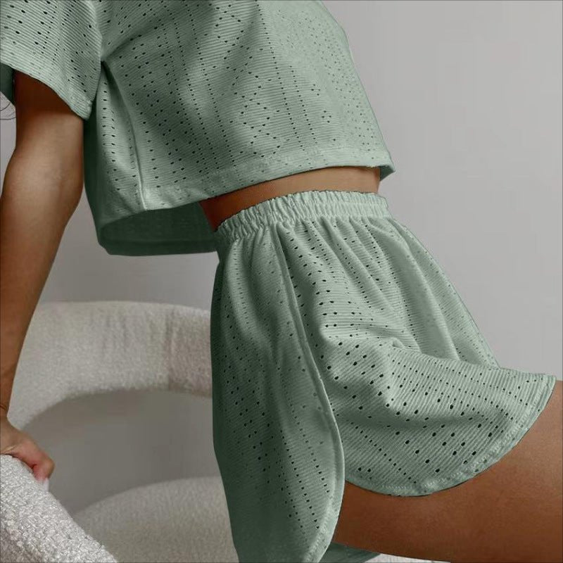 2pcs Casual Hollow Suit With Short-sleeved Crop Top And Elastic Slit Shorts Summer Fashion Sport Clothing For Women | Luxury Home Accessories | Heulog Glow