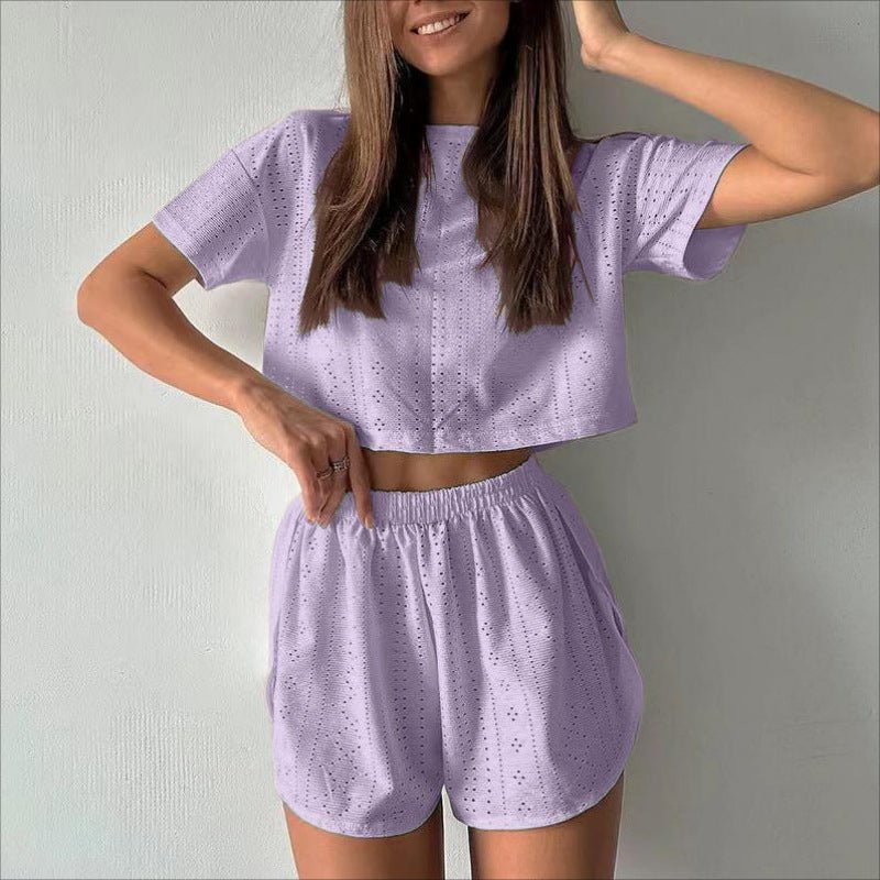 2pcs Casual Hollow Suit With Short-sleeved Crop Top And Elastic Slit Shorts Summer Fashion Sport Clothing For Women | Luxury Home Accessories | Heulog Glow
