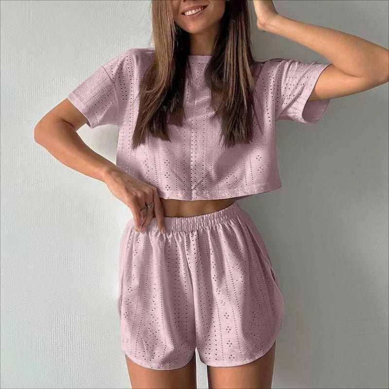 2pcs Casual Hollow Suit With Short-sleeved Crop Top And Elastic Slit Shorts Summer Fashion Sport Clothing For Women | Luxury Home Accessories | Heulog Glow