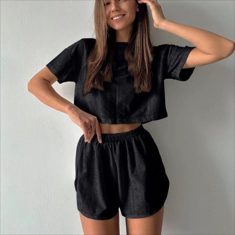 2pcs Casual Hollow Suit With Short-sleeved Crop Top And Elastic Slit Shorts Summer Fashion Sport Clothing For Women | Luxury Home Accessories | Heulog Glow