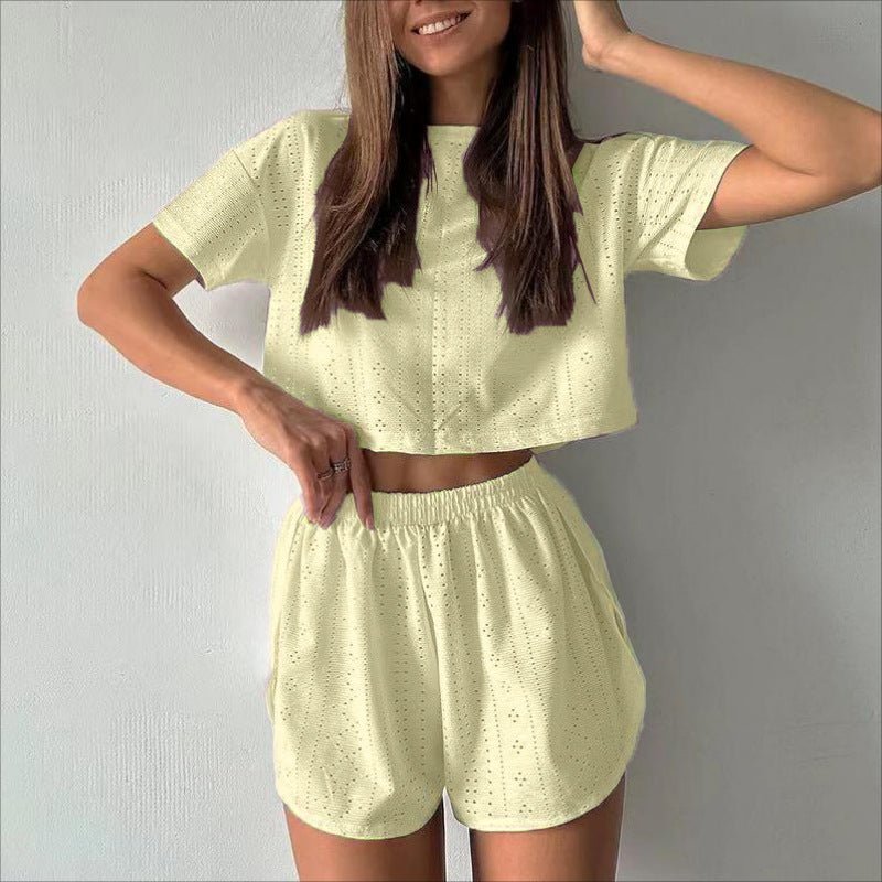 2pcs Casual Hollow Suit With Short-sleeved Crop Top And Elastic Slit Shorts Summer Fashion Sport Clothing For Women | Luxury Home Accessories | Heulog Glow