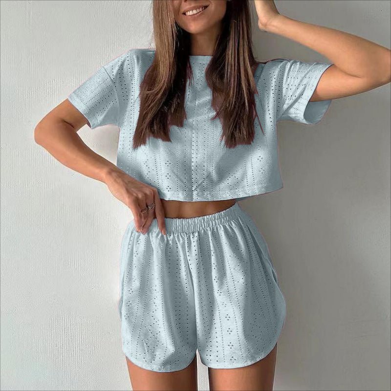 2pcs Casual Hollow Suit With Short-sleeved Crop Top And Elastic Slit Shorts Summer Fashion Sport Clothing For Women | Luxury Home Accessories | Heulog Glow