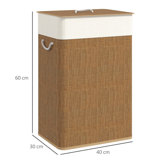 HOMCOM Bamboo Laundry Basket with Lid, 72L Laundry Hamper with Rope Handles, Washing Basket with Removable Washable Liner Bag for Bathroom, Bedroom, Brown
