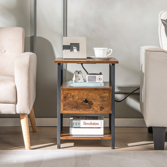 3-Tier Nightstand with Charging Station Open Shelves and Drawer-Brown