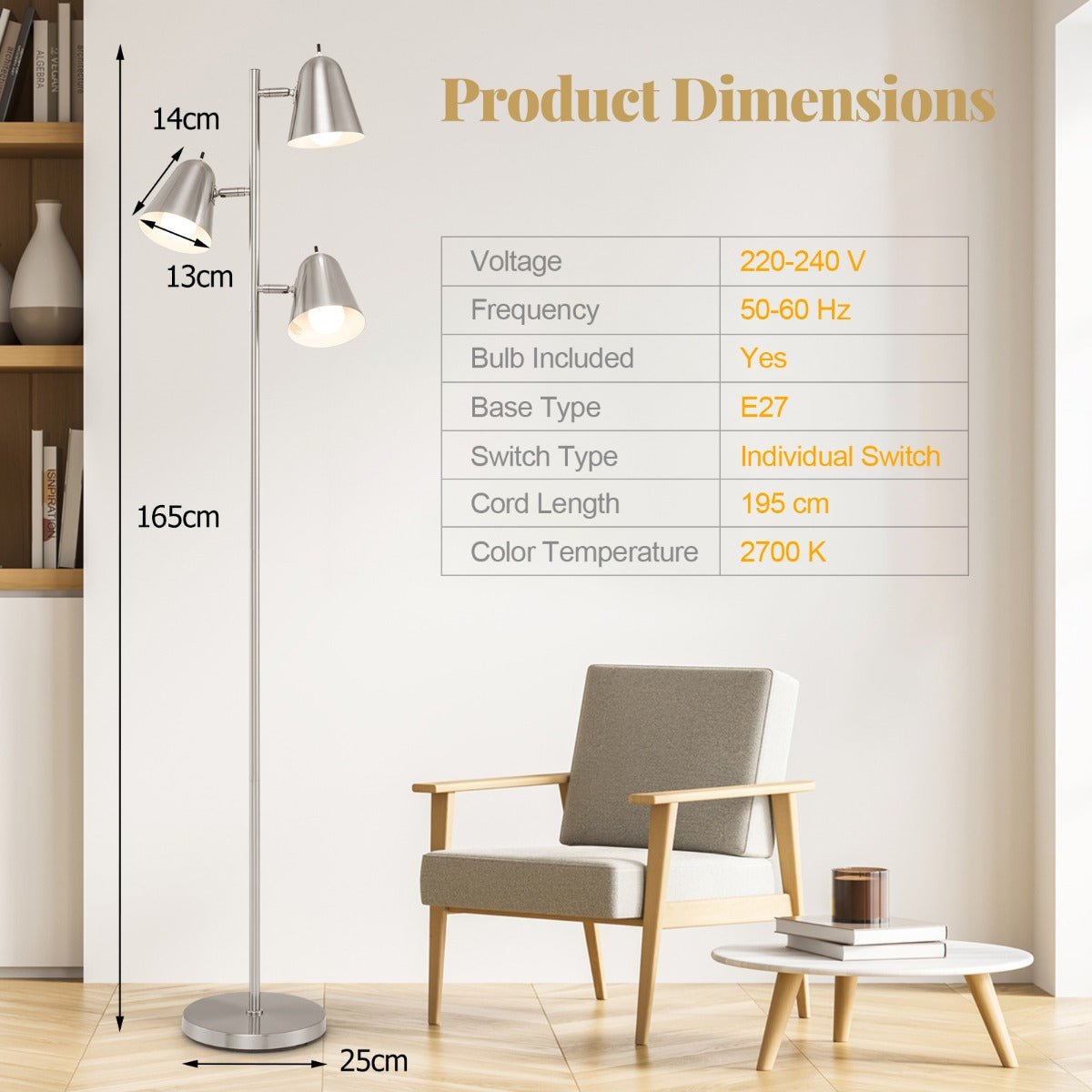 3-Bulb Floor Lamp with 3 E26 A19 Bulbs and Adjustable Lampshades-Golden | Luxury Home Accessories | Heulog Glow