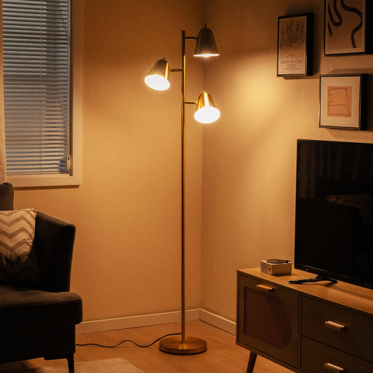 3-Bulb Floor Lamp with 3 E26 A19 Bulbs and Adjustable Lampshades-Golden | Luxury Home Accessories | Heulog Glow