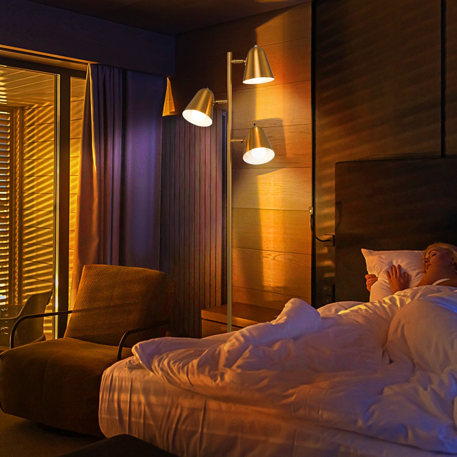 3-Bulb Floor Lamp with 3 E26 A19 Bulbs and Adjustable Lampshades-Golden | Luxury Home Accessories | Heulog Glow