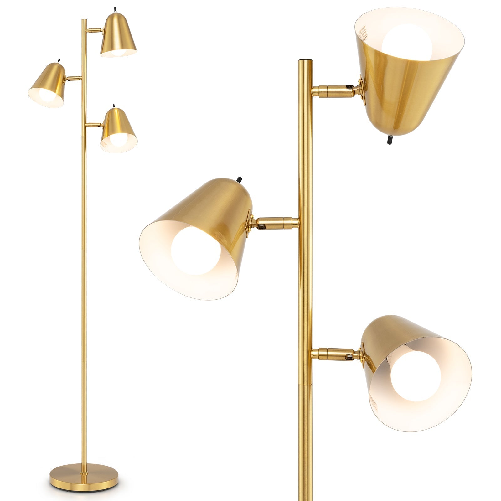 3-Bulb Floor Lamp with 3 E26 A19 Bulbs and Adjustable Lampshades-Golden | Luxury Home Accessories | Heulog Glow