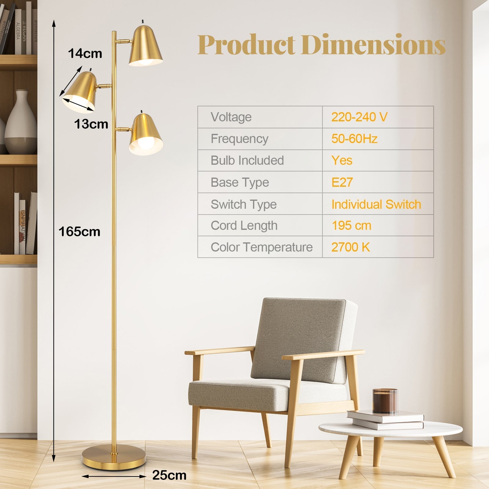 3-Bulb Floor Lamp with 3 E26 A19 Bulbs and Adjustable Lampshades-Golden | Luxury Home Accessories | Heulog Glow