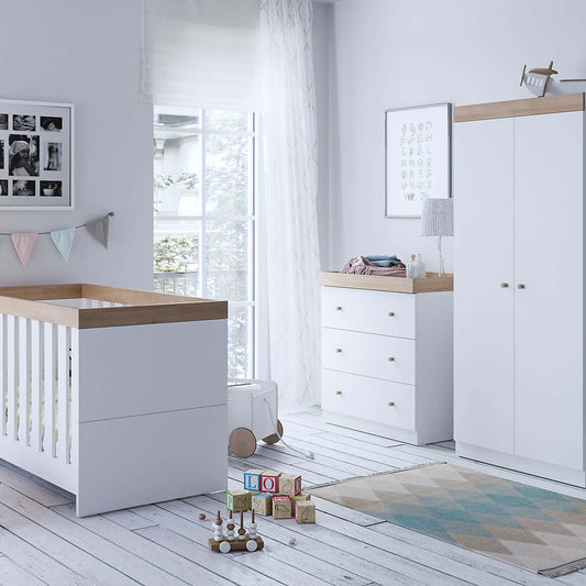 Little Acorns Burlington 2 Piece Nursery Furniture Set with Cot Bed and Dresser - White & Oak
