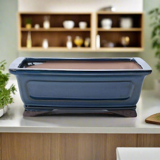 31cm Glazed Bonsai Pot | Rectangle | 31cm x 25cm x 12cm | Rectangle | Blue | Luxury Home Accessories | Heulog Glow