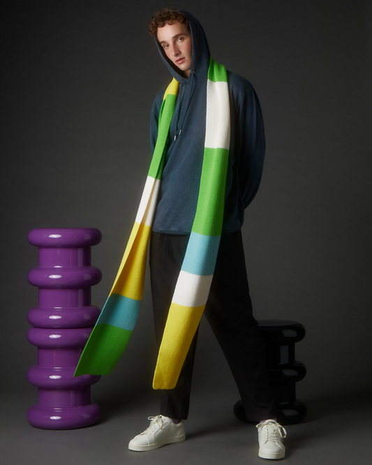 Ribbed Colour Block Wool & Cashmere Scarf Long Green
