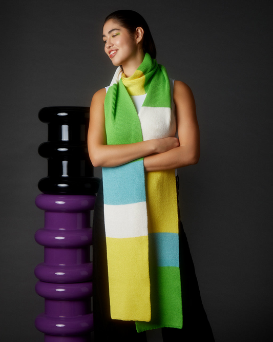 Ribbed Colour Block Wool & Cashmere Scarf Long Green