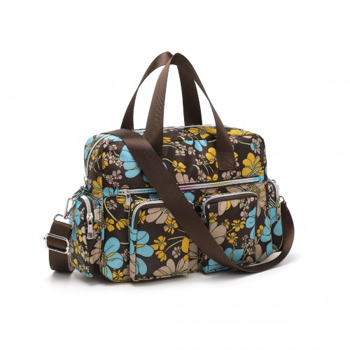 EB2351F - Kono Sleek Multi-Pocket Water-Resistant Crossbody Tote Bag With Flower Print - Brown